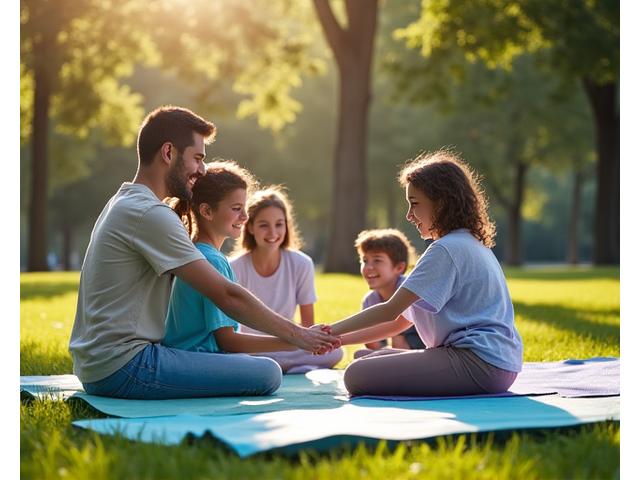 Family playing a yoga-inspired game in a grassy park