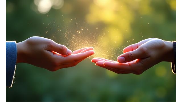 Symbolic image of an open hand extending data points to another hand, with a transparent barrier in between, representing controlled and limited data sharing. Soft, flowing lines and a harmonious color blend.