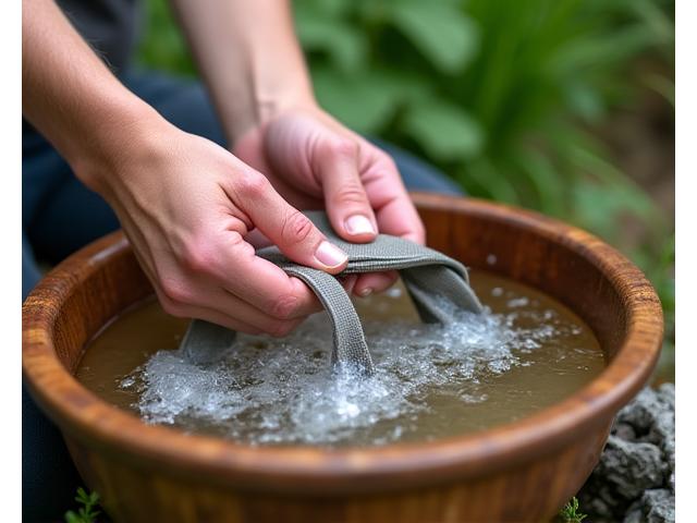 Hand washing a yoga strap in a basin of water outdoors, perhaps at a campsite